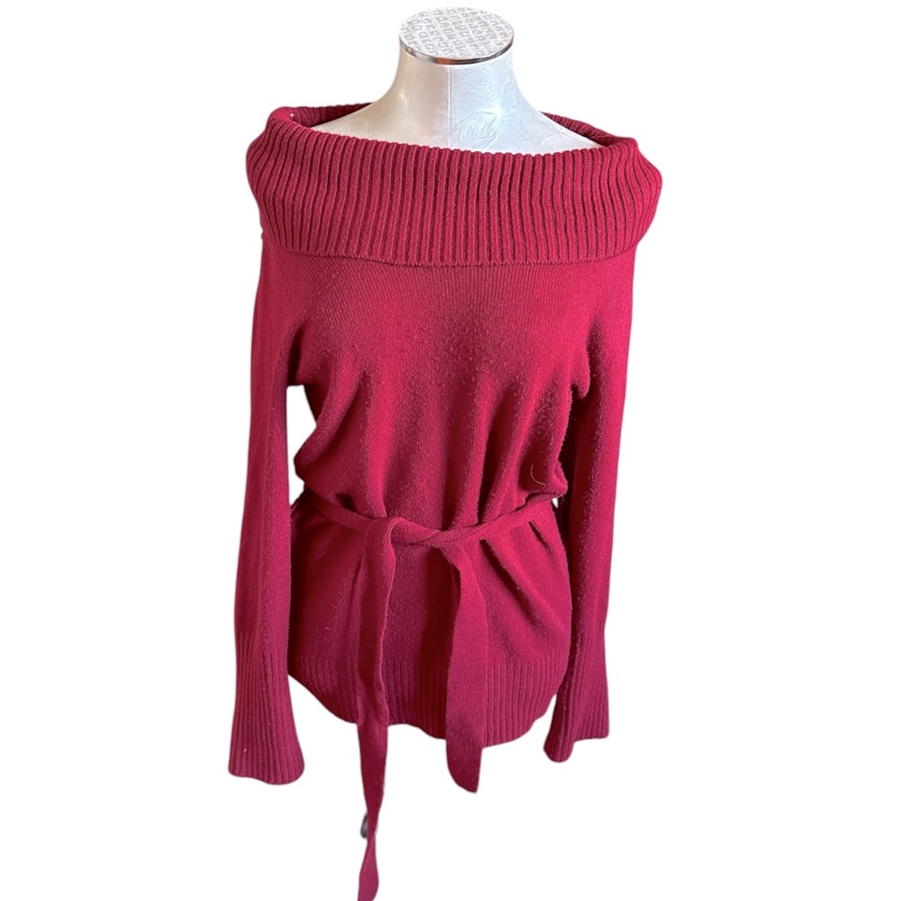 Link Women’s  Off the Shoulder Belted Knit Tunic Sweater color burgundy Small